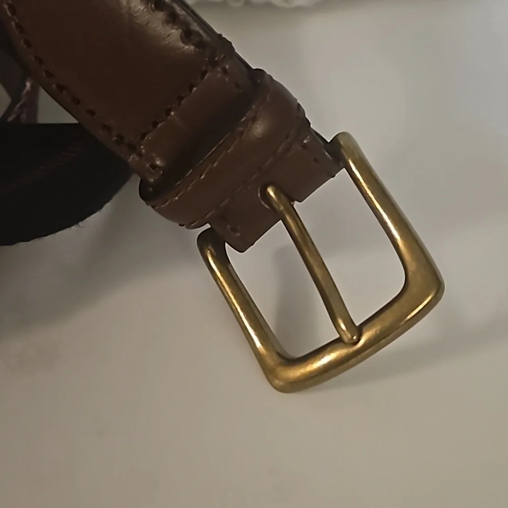J Crew Moon Plaid Genuine Leather Belt sz 34 Brass hardware Pre-owned - Picture 2 of 10